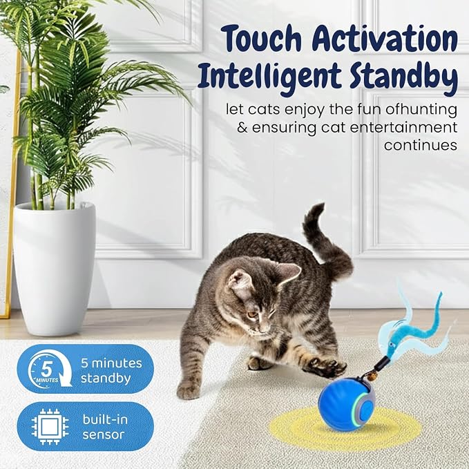Interactive Cat Toy Ball - Motion-Activated, USB Rechargeable Cat Toys for Indoor Cats with Anti-Scratch Cover & 2 Changeable Tails - Enrichment Toy for Active Cats & Kittens