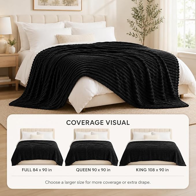 HIMEET Black King Size Blanket for Bed, 300GSM Ribbed Fleece, 108 x 90 in | Ultra Soft Flannel, All-Season Lightweight Warmth, Generous Bed Coverage & Home Decor, Gift for Men & Women, Machine Washable
