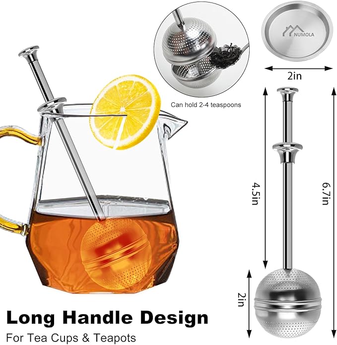 2Pcs Long Handle Tea Ball, One Handed Pressing Operation, Easy to Use | Fine Mesh Holes, Stainless Steel Ball, No Tea Residue, For Cup and Teapot, Tea Lover Gift, Free Clean Brush