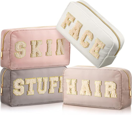 Preppy Makeup Bags Chenille Letter Stuff Bag Nylon Cosmetic Pouch Cases with Zipper for Women Travel Toiletry(Apricot Color,Classic,4 Pcs)