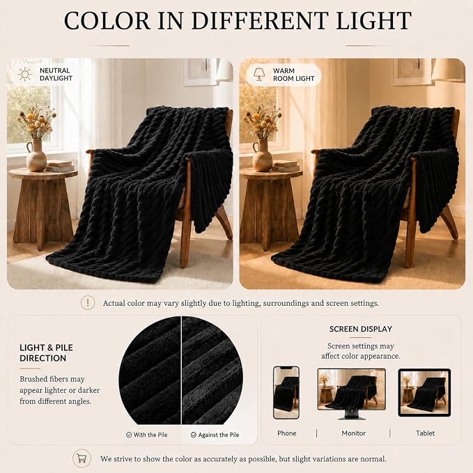HIMEET Black Throw Blanket for Couch, 300GSM Ribbed Fleece, 50 x 60 Inches | Ultra Soft Flannel, All-Season Lightweight Warmth, Home Room Decor & Dorm Essential, Gift for Men & Women, Machine Washable