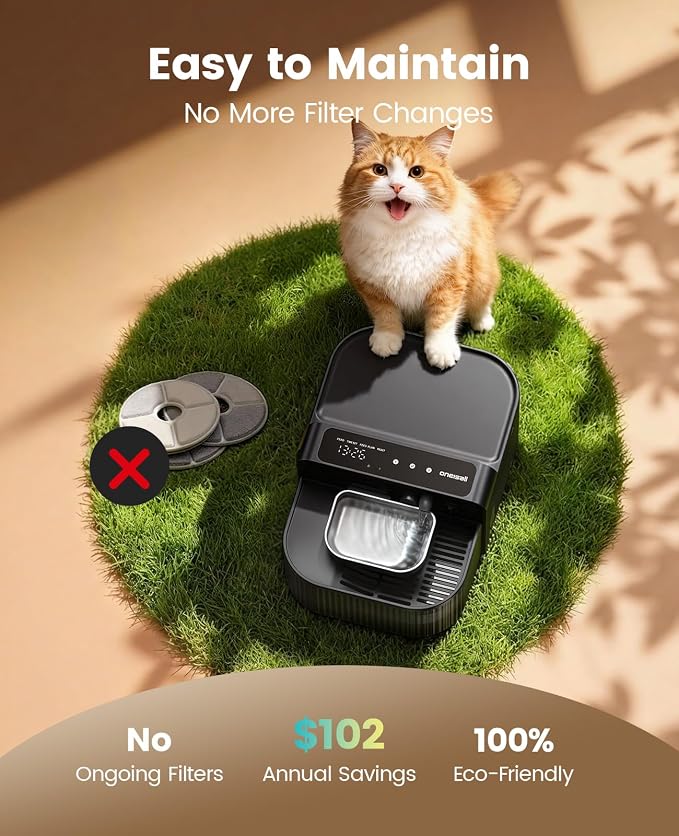 oneisall 3.5L Wireless Filterless Cat Water Fountain for Cat Pet,PW17 | Wastewater Separation,No Filter Needed,Cordless,Separate Clean&Dirty Water,304 Stainless Bowl,30dB Quiet,Smart LED Display