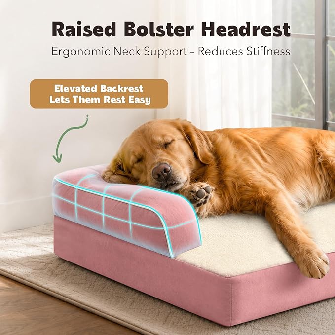 Orthopedic Washable Dog Bed with Bolster for Medium to Large Dogs | Pillow Support for Neck Relief, Egg Crate Foam, Waterproof Liner, Anti-Slip Bottom, Removable Bolster Cover, 36 x 27 Inch