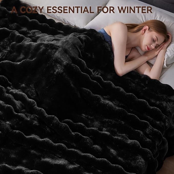 Anysay Faux Fur Throw Blanket, 1000GSM Fluffy Soft Bubble Blanket 80''*90'' | Cozy Plush Warm and Thick Blanket for Couch Bed, Fuzzy Rabbit Throw for Living Room Bedroom Blcack