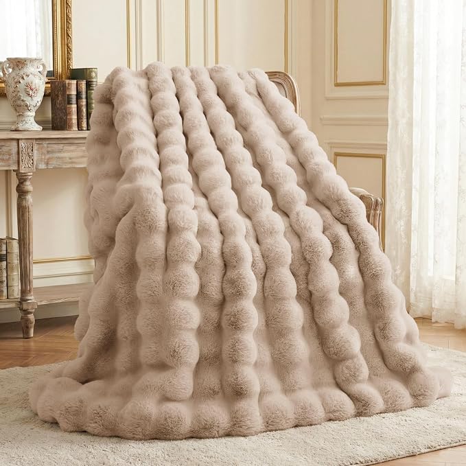 L'AGRATY Faux Rabbit Fur Throw Blanket for Couch, 50'' x 60'', Light Linen | Soft Cozy Bubble Fluffy Blanket for Sofa Bed, Thick Warm Plush Fuzzy Throw for Room Home Decor, Luxury Gift for Women Mom