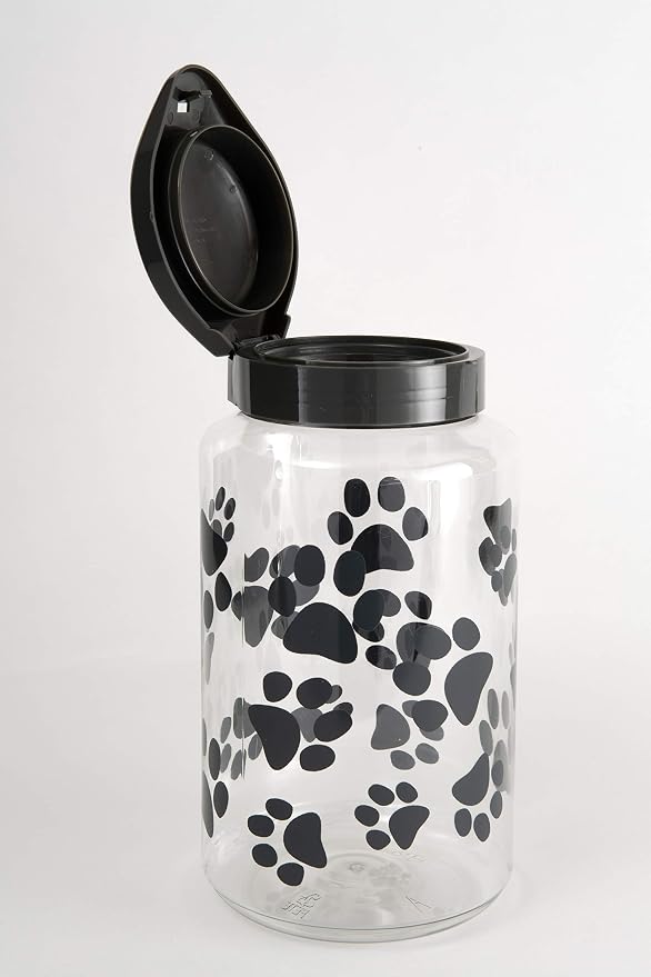 Lixit® Dog Treat Plastic Jar - Airtight Food and Treat Storage Jars for Dogs, Cats, Small Animals and Birds - Made in USA (Paw Prints - Gray, 128 Ounce)