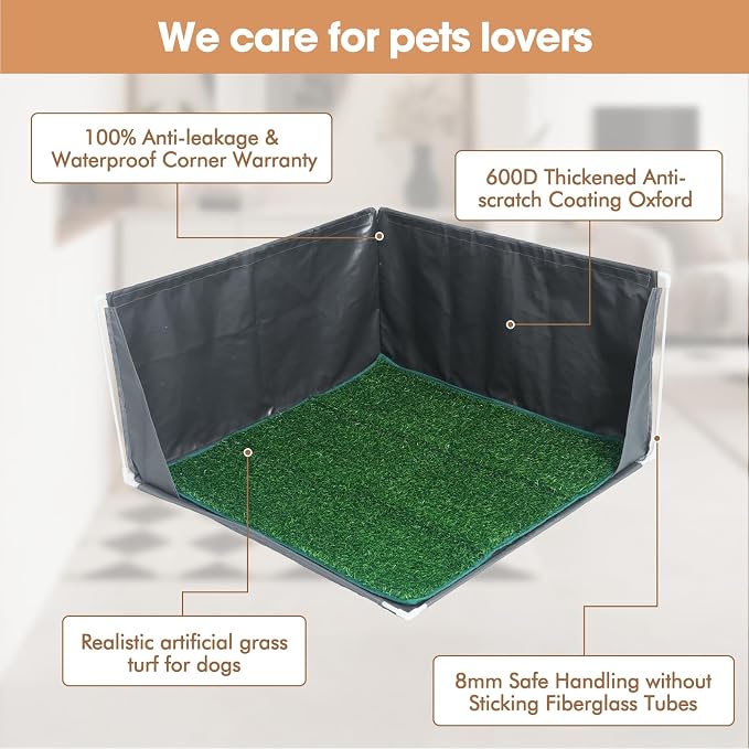 Dog Litter Box with High Walls with Artifial Grass Pad | Waterproof Pee Pad Holder Foldable, Indoor Dog Potty Tray for Puppy & Large Dogs, Splash-Proof No Spill Pee Shield for Pets