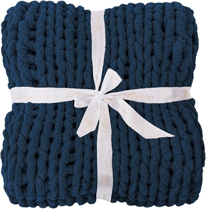 Bigacogo Chunky Knit Throw Blanket for Couch, 40x60 inches, Navy Blue | Hand Knit with Jumbo Chenille, Soft Breathable Cable Knit for Sofa Bed Living Room, Machine Washable, Gift for Mom Friend