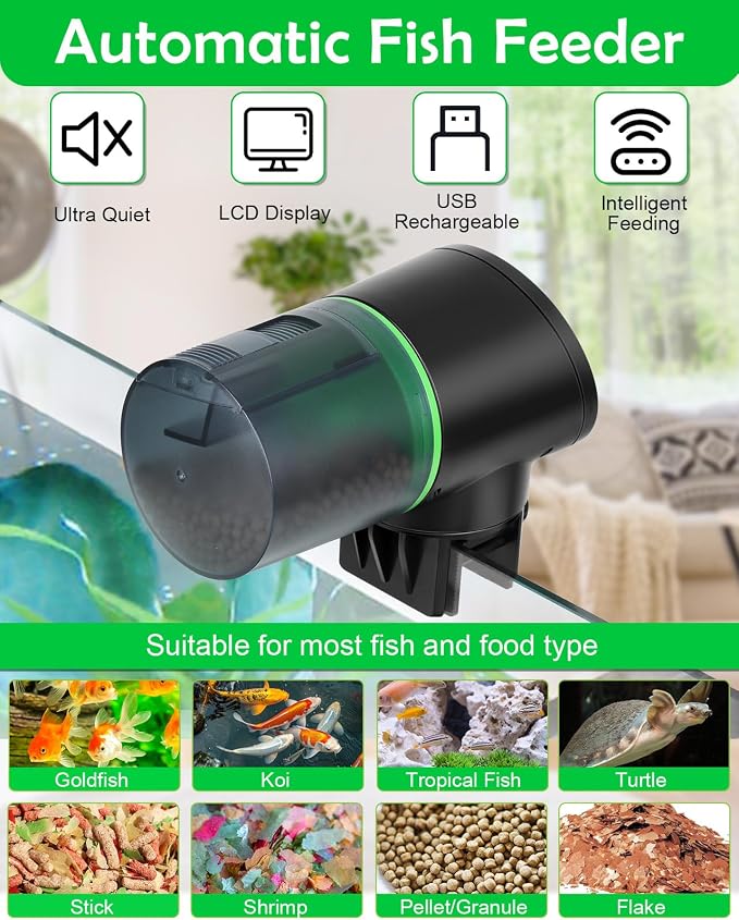 Automatic Fish Feeder for Aquarium Easy Setup & 12/24/48H Interval | 200ML USB-C Rechargeable Auto Food Dispenser for Flakes & Pellets, Vacation Feeding for Small Tank Betta Koi Turtle