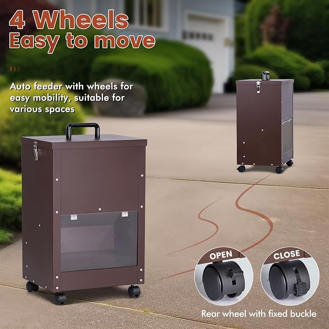 Automatic Dog Feeder Large Breed 45lb Outdoor Dog Food Dispenser for Large Dogs Self Feeding Galvanized Metal Dogs Pets Feeder Gravity Food Feed with Wheels (Brown)