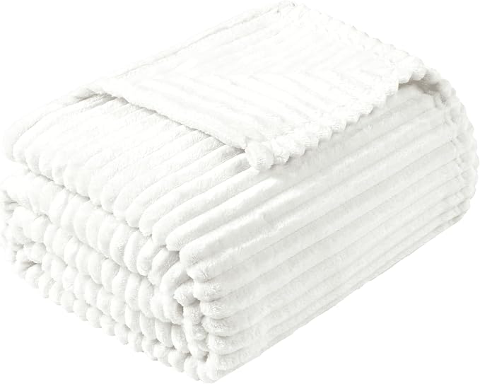 Vessia Flannel Fleece Throw Blanket for Couch,Sofa,Bed, 300GSM Microfiber White Striped Chair Blanket for Adults and Kids, Super Soft Warm Cozy Lightweight Ribbed Throw for All-Season
