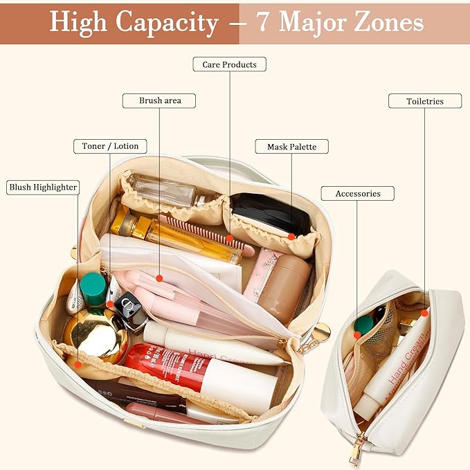 Birthday Gifts for Women Teen Girl, Personalized Initial Makeup Organizer Bag Set, Open Flat Travel Cosmetic Bag With Clear Divider and Handle(Beige,T)