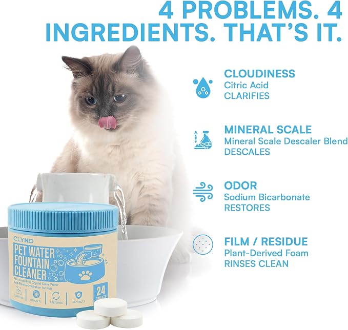 Pet Water Fountain Cleaner and Descaler Tablets 24-Pack Residue-free Fountain Cleaning Tablets for Cat and Dog Pump and Filter Maintenance, Cleaning Kit Compatible, Safe for Plastics and Metals