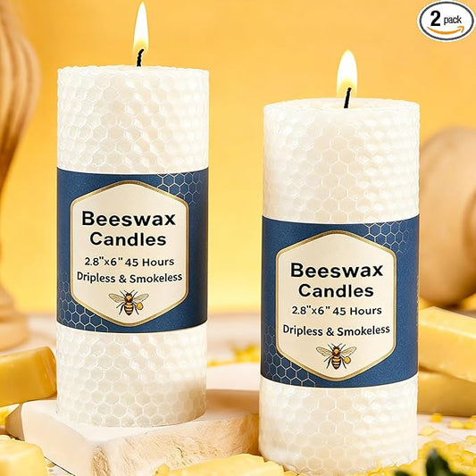 2 Pack Beeswax Pillar Candles, White Hand-Rolled Beeswax Candles-90 Hours Long Burning, Handcrafted Honeycomb Bees Wax for Home, Bee Themed Gifts for Candle Lovers (2.8x6 in)
