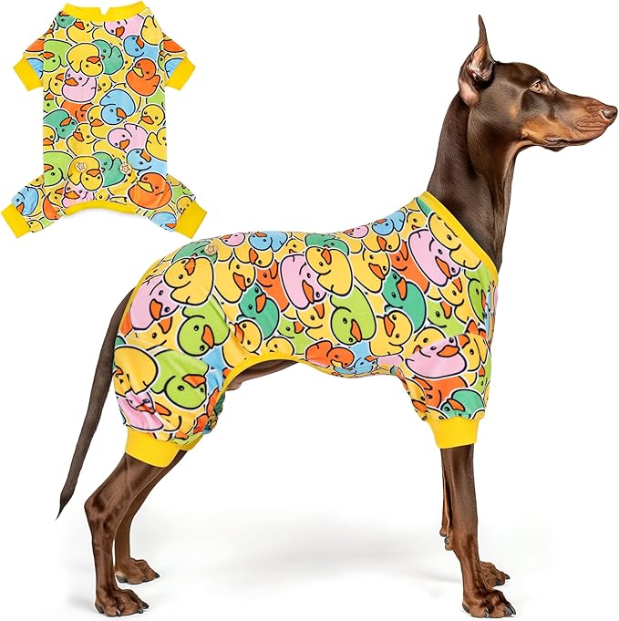 KYEESE Velvet Dog Pajamas for Large Dogs Soft Onesie Shirt, Colorful Duck | 4-Way Stretch, Lightweight & Breathable, Reduces Shedding, Gentle on Sensitive Skin, Recovery Support, Easy Potty Breaks