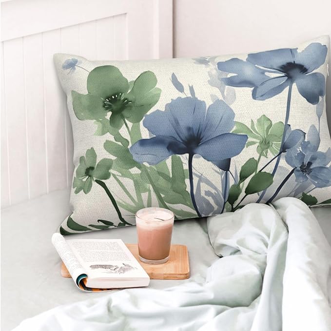 Spring Floral Pillow Covers 12x20 Inch Set of 2 Green Blue Floral Throw Pillow Covers Outdoor Rustic Summer Flower Decoration Pillowcase Farmhouse Decorative Lumbar Cushion Cover For Couch Sofa