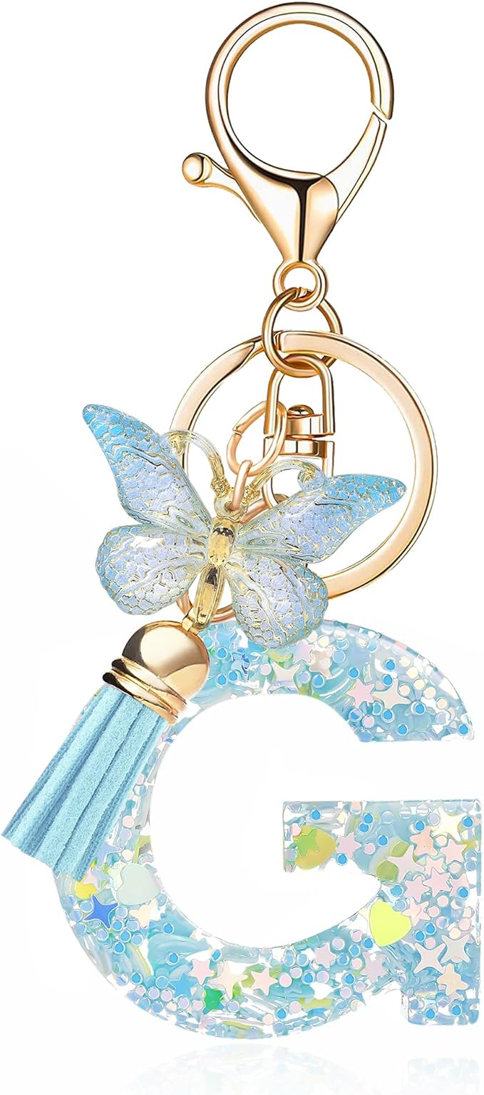 Fashion Alphabet Initial Letter Keychain Tassel Butterfly Pendant Key Ring for Purse Handbags Women Girl