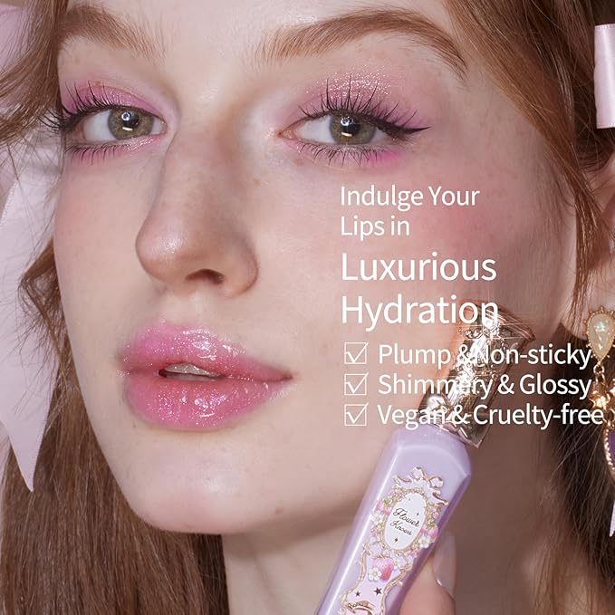 Flower Knows Violet Strawberry Rococo Glowy Lip Gloss,Moisturizing Shimmery Transparent Pink Lip Plumper Oil,Hydrating Lip Tint for Girls&Women,Vegan & Cruelty-Free,0.12 Fl Oz(G03 Berry Bomb)