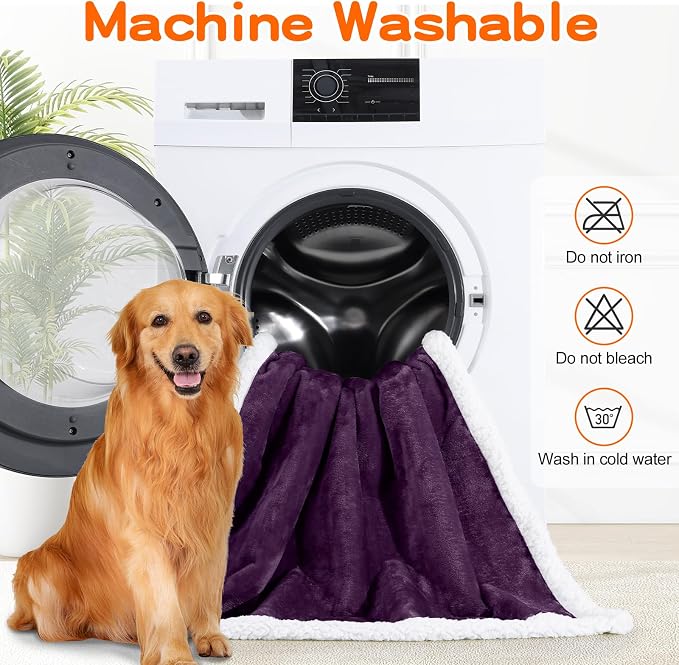 Smiry Waterproof Blanket Throw, Reversible Dog Blanket for Sofa Couch Bed | Soft Leakproof Sherpa Fleece, Washable Furniture Couch Protector for Large Dogs Cats, 50"x60", Dark Purple/White