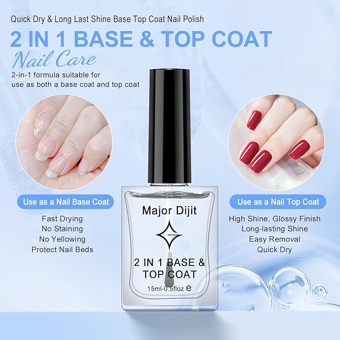 Major Dijit Clear Base & Top Coat 2-in-1 Nail Polish – Quick Dry, Long-Lasting, High Gloss Protective Formula – 0.5 Fl Oz
