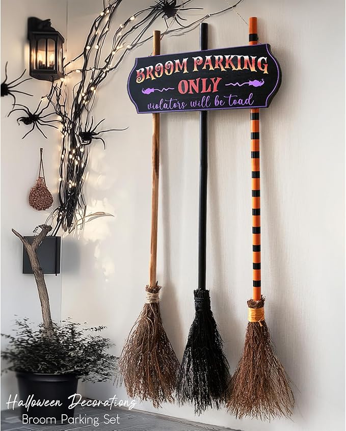 Halloween Decorations - Broom Parking Sign with 3 Wooden Witches Brooms | Hocus Pocus Decor, Halloween Decor, Front Porch Wall Decoration, For Indoor Outdoor Home Office Party