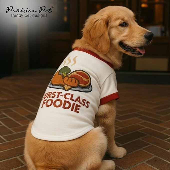 Parisian Pet Dog Furst Class Foodie Shirt - Embroidered Pet Vest - 100% Cotton & Polyester Doggy Shirt - Lightweight Pet Clothes - Sleeved Puppy Costume - Funny Shirts for Large Dogs - 2XL