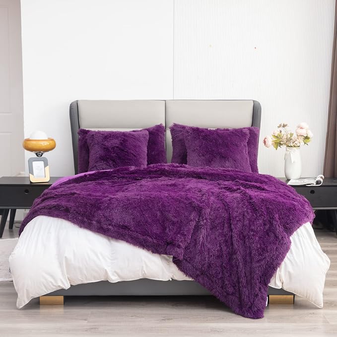 YUSOKI Long Faux Fur King Size Blanket, Purple, 90" x 104" | Ultra Soft, Lightweight for All Season Use, stays fluffy after repeated washes, Perfect Gifts, Machine Washable