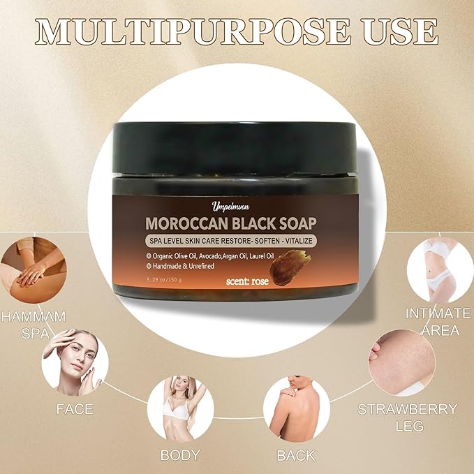 2 PCS Moroccan Black Soap with Argan and Rose Oil, SPA Level Handmade Black Beldi Soap Exfoliating and Softening, Natural and Organic for Face, Body, Hair and Shave, Rose Scent, 5.29 oz/150 g