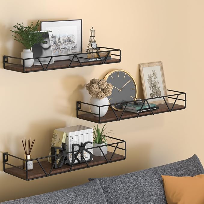 Floating Shelves Set of 3, Wood Wall Shelf, Farmhouse Shelf for Bedroom | Wall Mounted Floating Shelf for Living Room, Bedroom, Bathroom, Kitchen, Office
