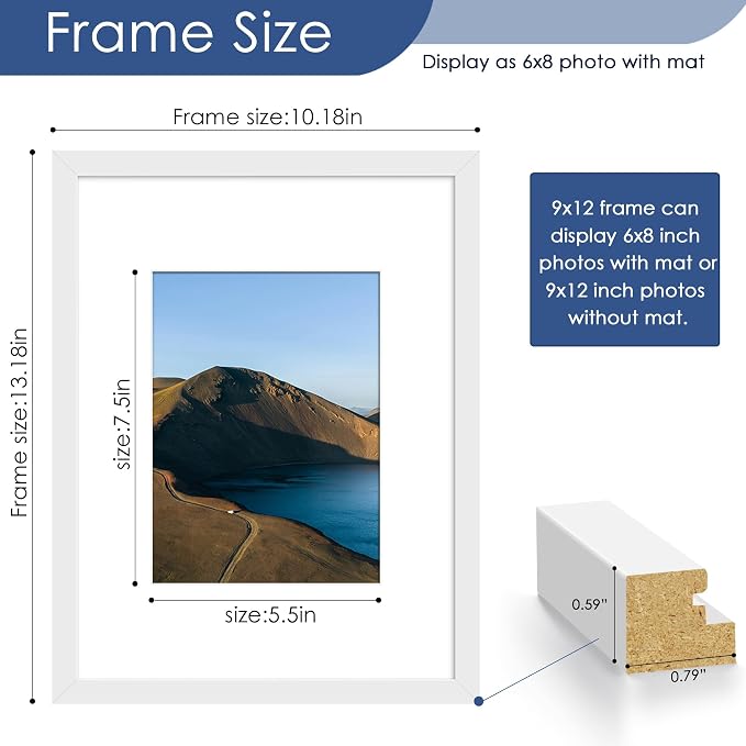 9x12 Picture Frame Set of 6, Wall or Tabletop Display, White | Display Pictures 6x8 with Mat or 9x12 Without Mat, Horizontal or Vertical, Gallery Wall Frame Set, Wedding Birthday Gifts