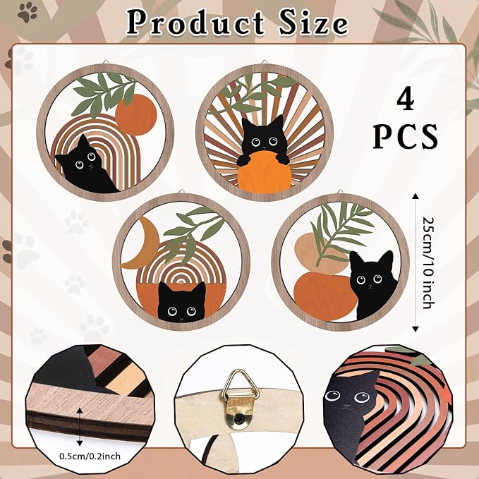 HPNIUB Abstract Mid Century Boho Black Cat Wall Decor-4 Pieces 10''x10'' | Farmhouse Geometric Hanging Wooden Wall Art,Bohemian Moon and Sun Wood Sign for Nursery Bedroom Decoration, Lovely Cat Gifts