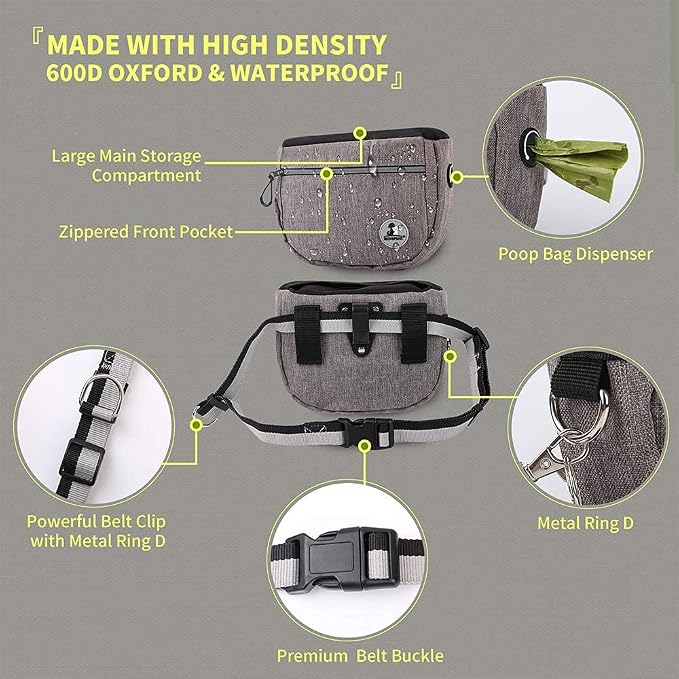 Pet Dog Treat Pouch Waist Bag, Auto Closing Waterproof Oxford Adjustable Training Belt Bags with Poop Bag Dispenser + Dog Collapsible Bowl for Dog Cat Running, Walking, Feeding (Grey)