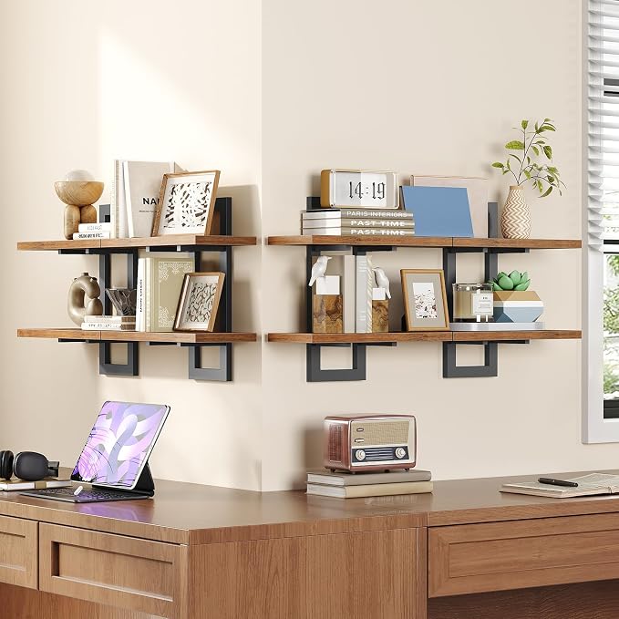 HOOBRO Floating Shelves, 15 Inch Wall Shelf Set of 4, Wall Mounted Storage Shelves 2-Tier, Hanging Bathroom Shelves, for Living Room, Bedroom, Bathroom, Kitchen, Rustic Brown and Black BF32BJP401