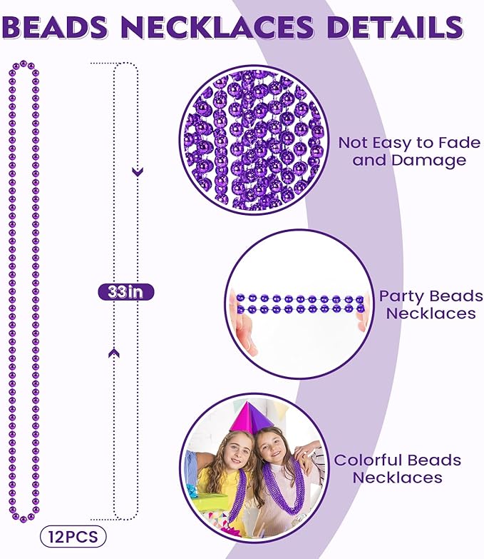 SHAOQINLIN 12 PCS Purple Mardi Gras Beads, Purple Beads Necklaces 33" Metallic Beaded Costume Necklaces Party Necklaces for Halloween Mardi Gras Parade Throws Wedding Birthday Party Favors