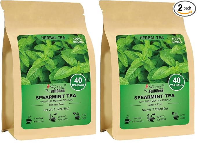 FullChea - Spearmint Tea Bags, 40 Teabags, 1.5g/bag - Premium Spearmint Leaves - Non-GMO - Caffeine-free - High in Antioxidant & Support Digestion (Pack of 2)