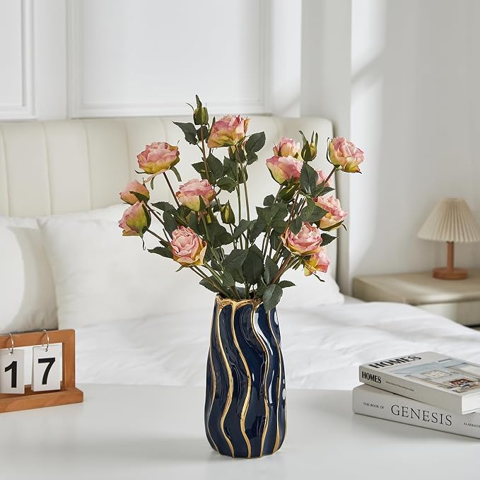 Ceramic Vase for Home Decor,Decorative Flower Vase, Vertical Stripe Ceramic Vases for Home Décor, Bedroom, Office, Living Room, Bathroom, Tabletop Decor, Centerpiece Table Decorations (Blue)