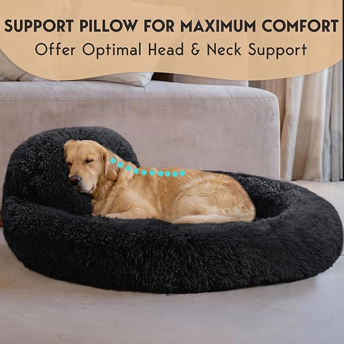 PetJett XL Dog Beds for Large Sized Dog - 45'' Extra Large Dog Bed, Anti-Slip & Washable Super Soft Round Donut Bed, Fluffy Faux Fur Anti-Anxiety Premium Comfort Pet Bed, Fits Dogs up to 120 lbs