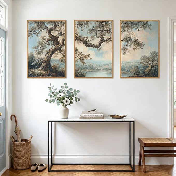BINCUE Vintage Tree Wall Art Framed Rustic Forest Paintings Neutral Landscape Wall Decor Canvas Mountains Lake Artwork Abstract Tree Prints for Living Room Bedroom Office 24 "Lx36 W Set of 3