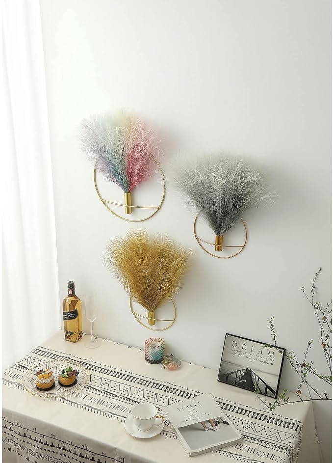 Pretty Jolly Boho Pampas Wall Decor Gold Metal Wall-Mounted Art | Morden Artificial Greenery Display，2 Pack Gray Hanging Planter For Living Room, Bedroom, Bathroom, Dining room
