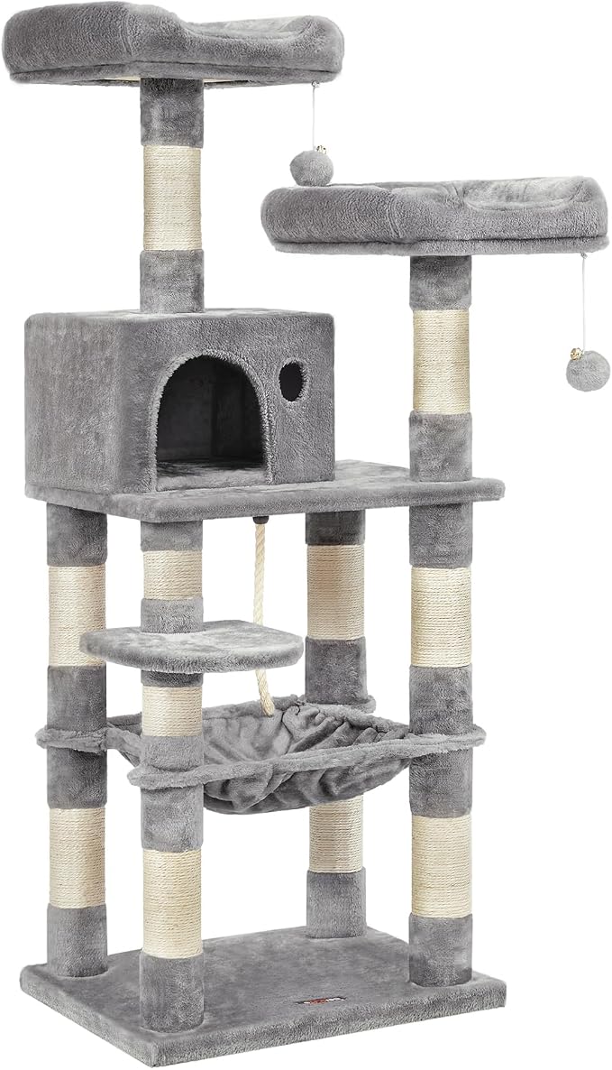Feandrea Cat Tree, 55.8-Inch Cat Tower, Multi-Level Plush Condo with 11 Scratching Posts, 2 Perches, Hammock, Cave, Light Gray UPCT15W