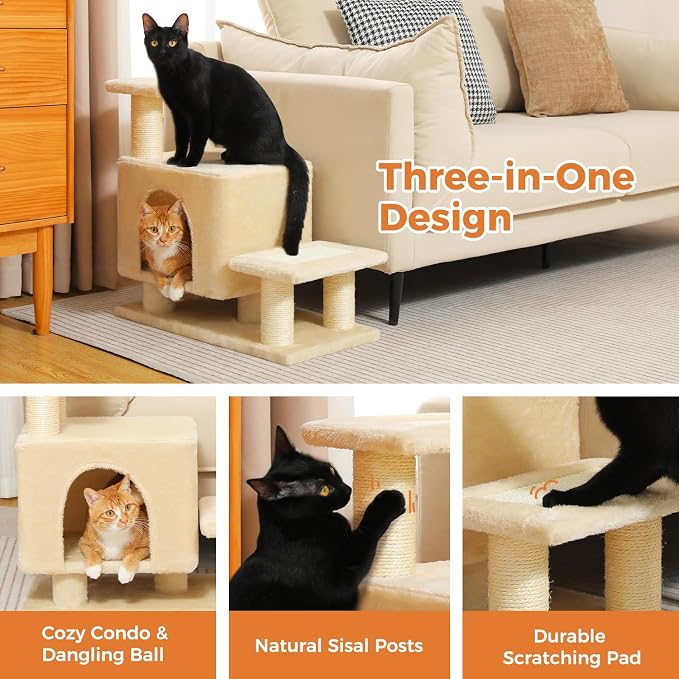 3-in-1 Cat Stairs with Scratching Post & Condo, Pet Steps, Beige | Pet Steps for High Beds, Sofa, Couch, Tall Cat Tower, High-Strength Boards for Indoor Small Cats Kittens Dogs Climbing Play