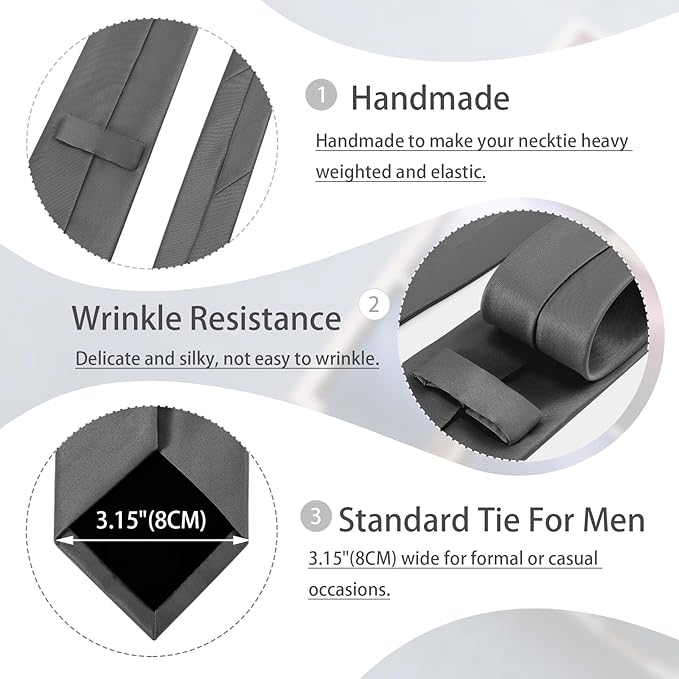 Black Tie Set in Gift Box Mens Solid Color 3.15" (8CM) Black Necktie and Pocket Square Set