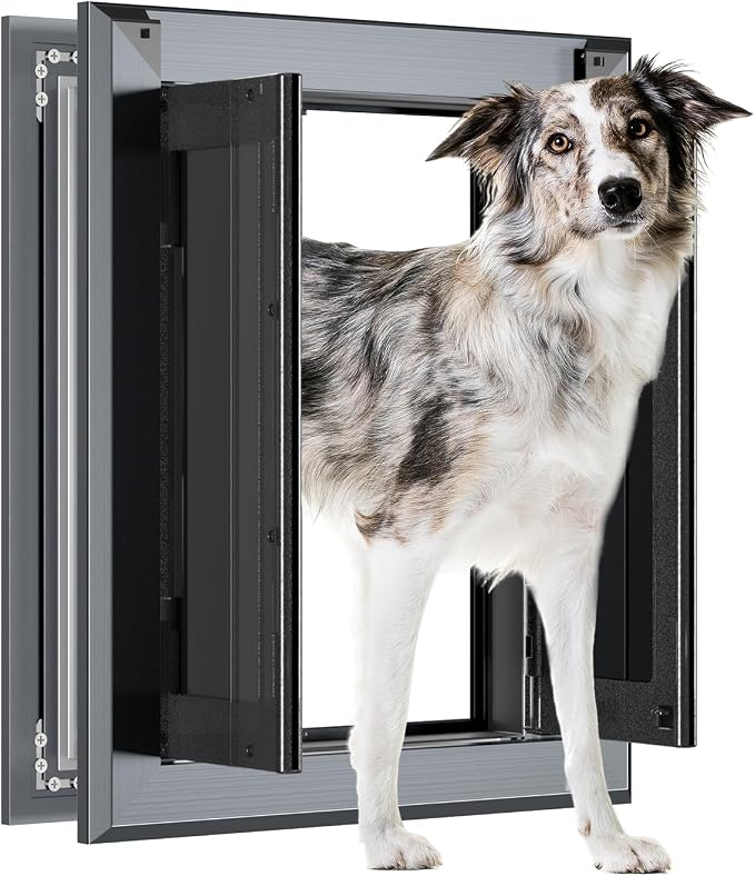 Aluminum Large Dog Door for Door, Fits Dogs Up to 110 LBS,Gray | French Style Heavy Duty Pet Door, Double Magnetic Flaps, Telescoping Tunnel, Solid Aluminum Frame Fits Dogs Up to 110 LBS