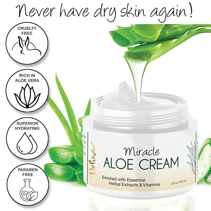 Deluvia Miracle Aloe Cream | Face & Body Moisturizer with Vitamin E & Aloe Vera | Hydrating, Soothing for Dry Skin | Non-Greasy - 2 oz Compact Travel Size