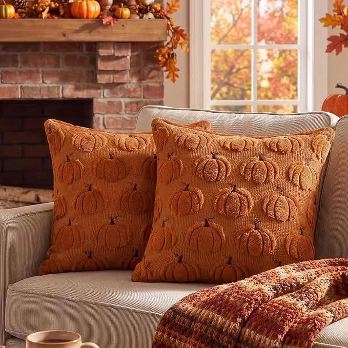 Softalker Fall Throw Pillow Covers 18x18 Set of 2 Rust Orange Pumpkin Decor | Double-Sided plush comfort with raised Autumn pumpkin embroidery, designed for couch sofas, bedrooms, and home decorations.