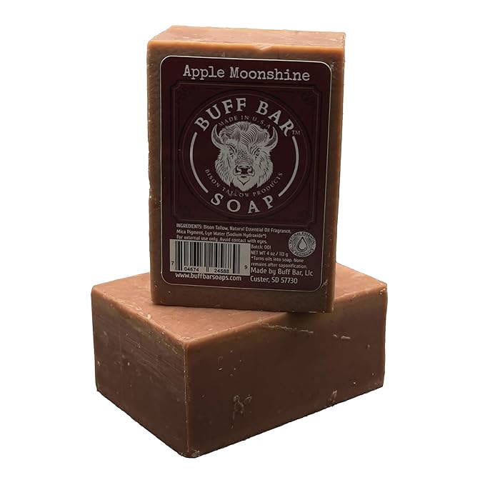 Big Crazy Buffalo Bison Tallow Buff Soap Bar, Apple Moonshine, (2 pack) - Scents of Apple, Cinnamon, & Orange - Cleans, Moisturizes, Soothes, Hydrates - No Dyes, Chemicals, or Preservatives