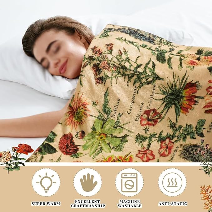 Vintage Flowers Throw Blanket 59”x51” Long Vertical Reference Illustrative Botanical Throws for Bedroom Aesthetic Floral Blankets Botanical Plants Throw Blanket Cute Bedroom Decor