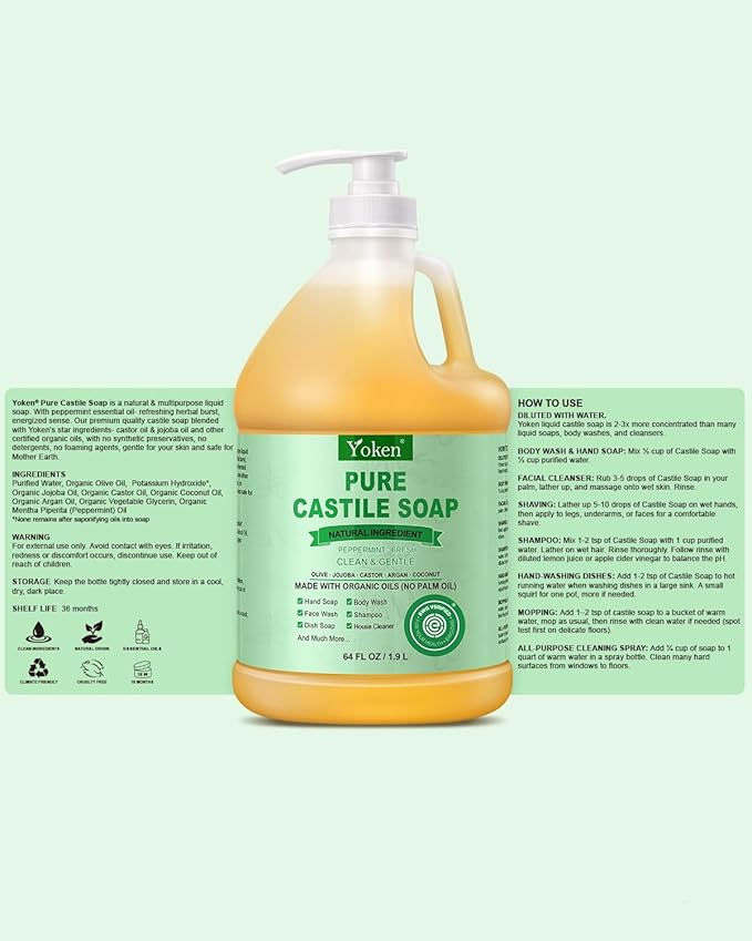 Yoken Peppermint Castile Soap Liquid 64 OZ, EWG Verified Made with Certified Organic Oils, Gentle Peppermint Soap for Body Wash, Face, Hands, Dishes, Laundry & More, Vegan Organic Versatile Cleanser