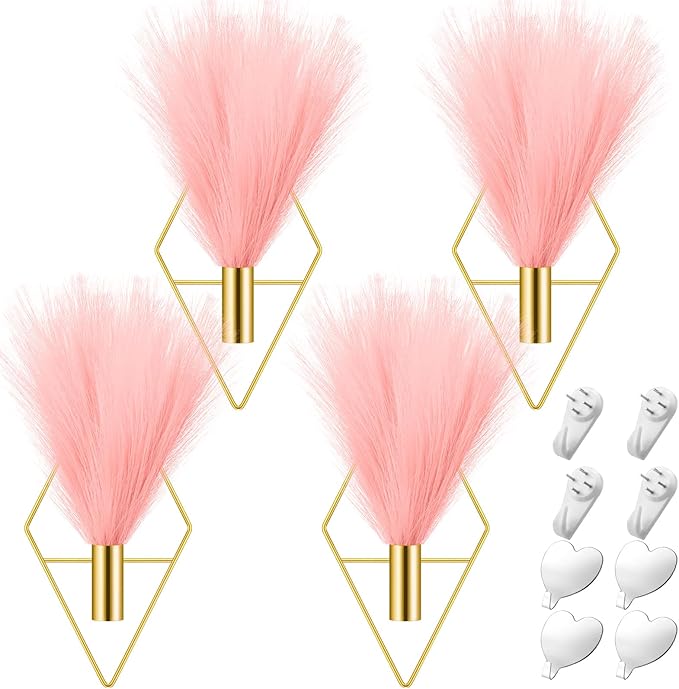 Hanaive 4 Sets Boho Wall Decor Metal Wall Art Hanging Planters with Artificial Pampas Display Modern Home Vase for Bedroom Home Office(Sweet,Gold, Pink)