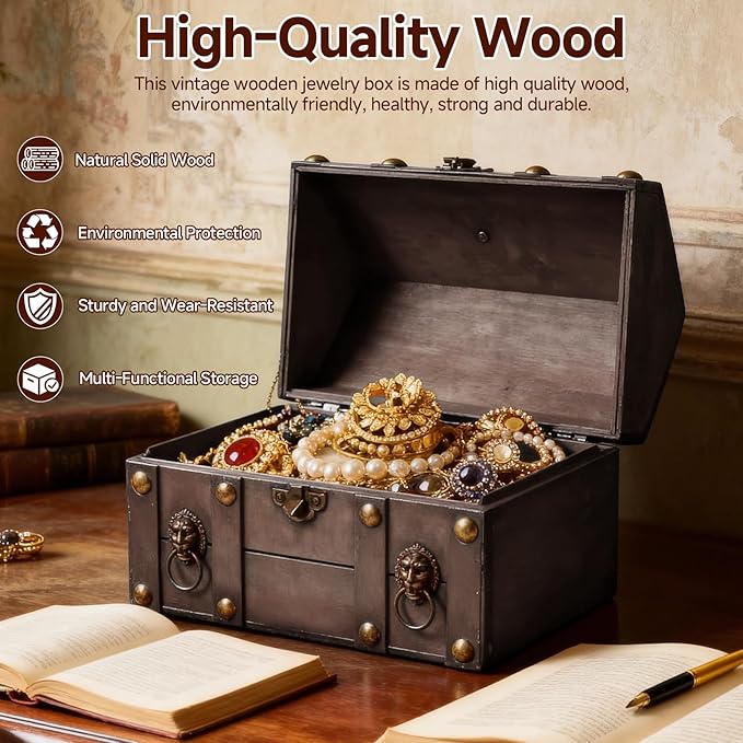 Large Vintage Wooden Treasure Chest Antique Box with Metal Lock | Wood Jewelry Box Storage Decorative Boxes Handmade Rectangle Organizer for Women Ring Necklace Earring Coins Collectibles